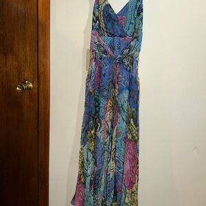 Talbots Blue Multi-Print V-Neck Maxi Dress with Pink and Green Accents